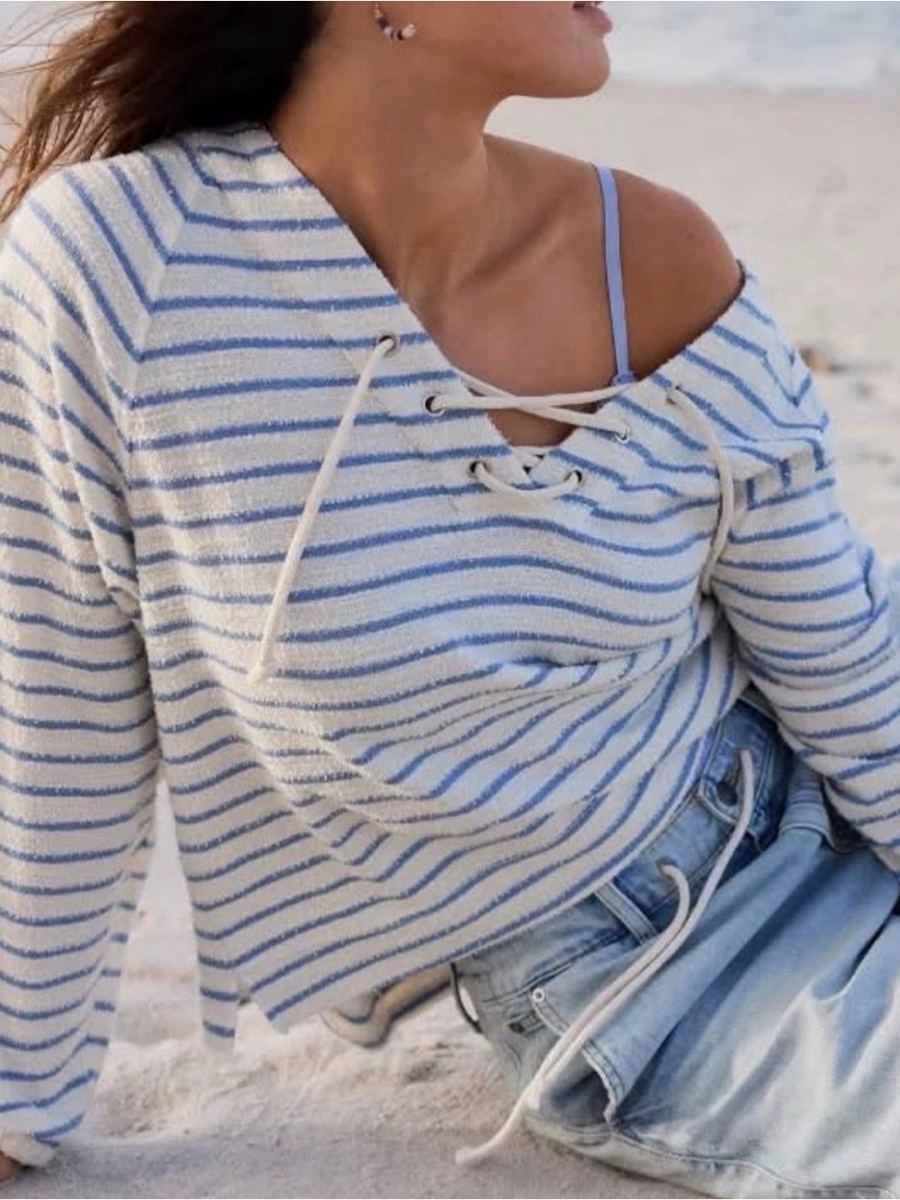 aerie Blue and White Striped Lace-Up Sweatshirt